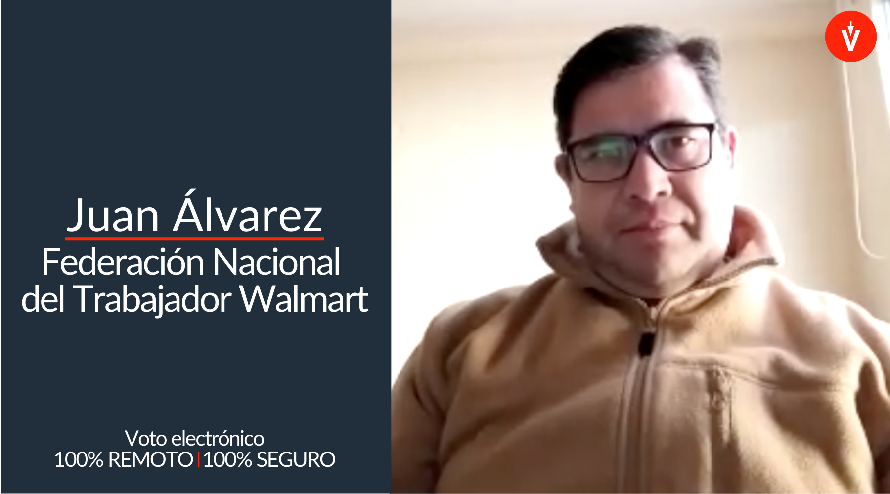 Juan Álvarez, Federación Nacional del Trabajor Walmart, con parche azul al lado y logo de EVoting