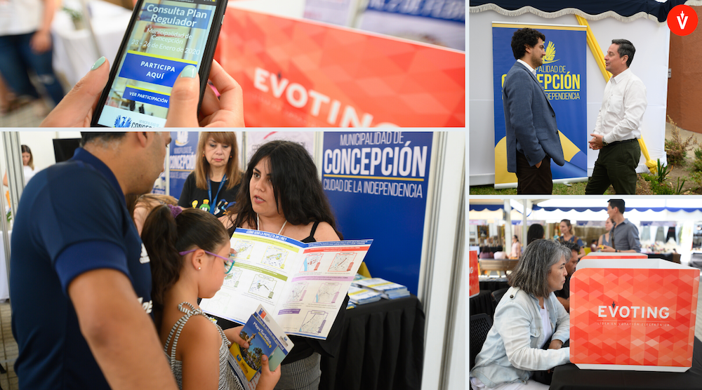 Personas votando electrónicamente en la Consulta al Plan Regulador de Concepción, con logo de EVoting en la esquina