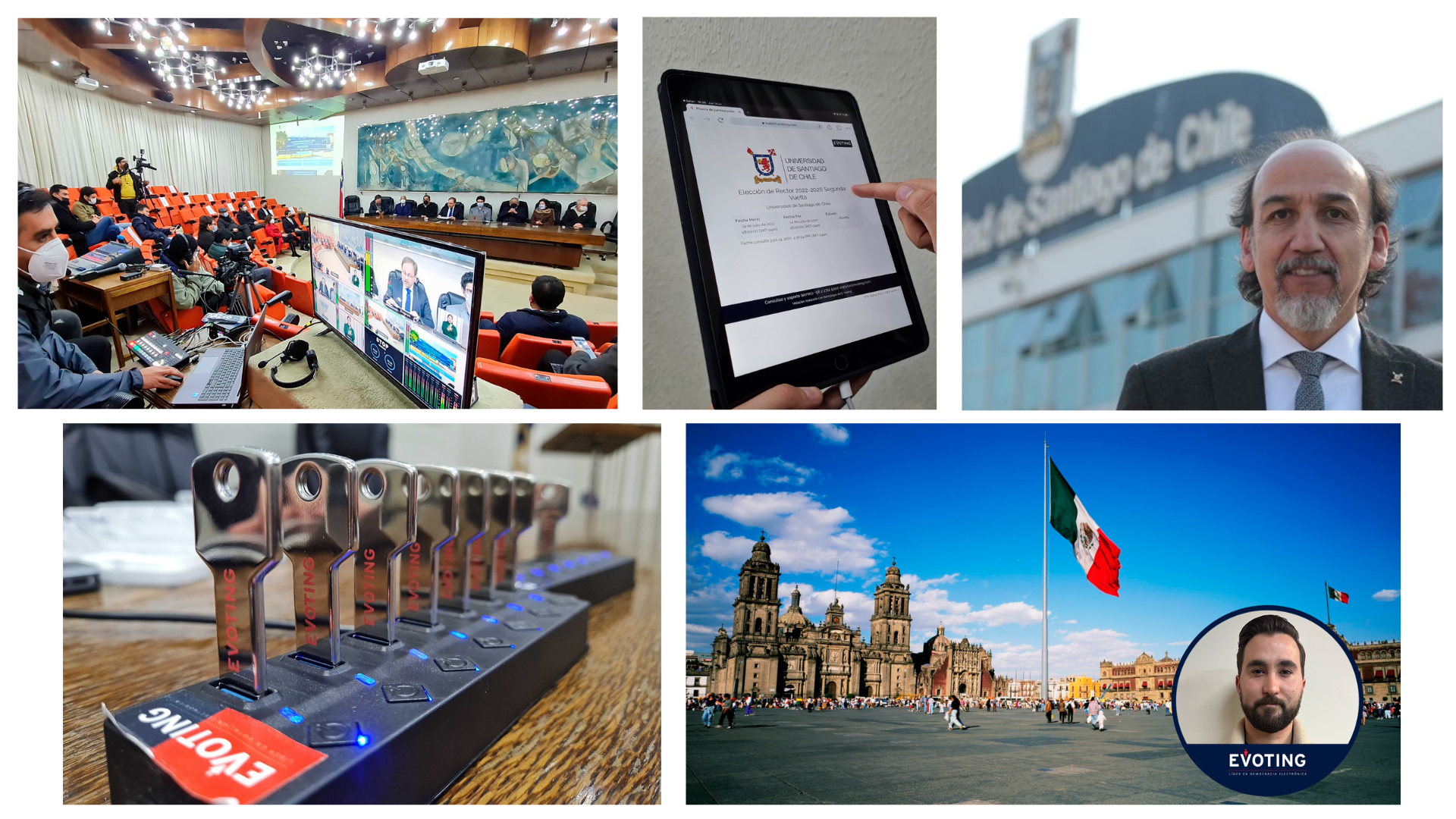 Rodrigo Vidal, rector of USACH, the university hall of honor during a ceremony with EVoting, and the Zócalo in Mexico