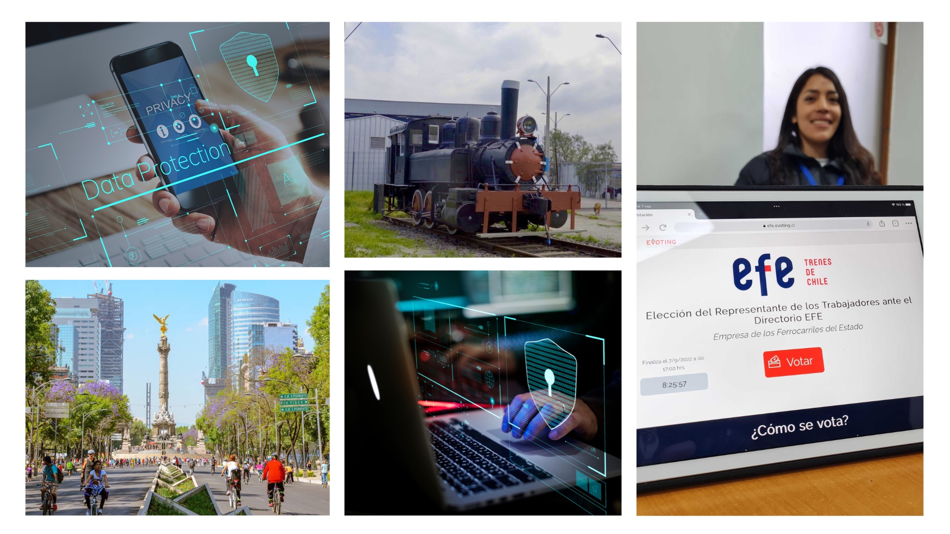 Tablet con pantalla de votación electrónica de la Empresa de Ferrocarriles del Estado (EFE), una locomotora, una plaza en México, y seguridad informática
