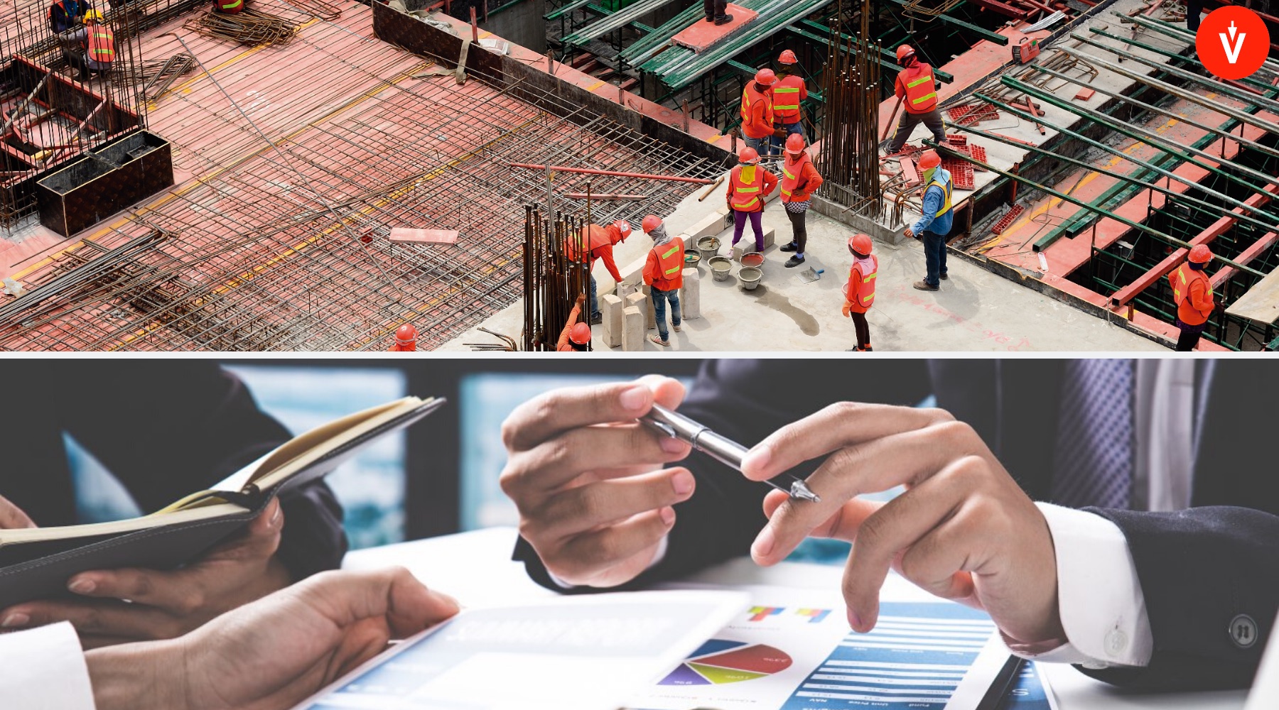 Grupo de hombres trabajando en la construcción, y 3 accionistas sosteniendo un lápiz, una tablet y un cuaderno, con logo de EVoting en la esquina